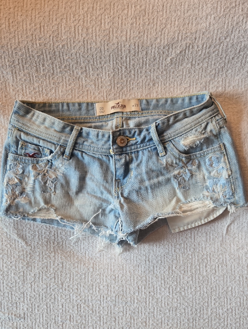 Hollister Light Wash Embroidered Distressed Denim Shorts